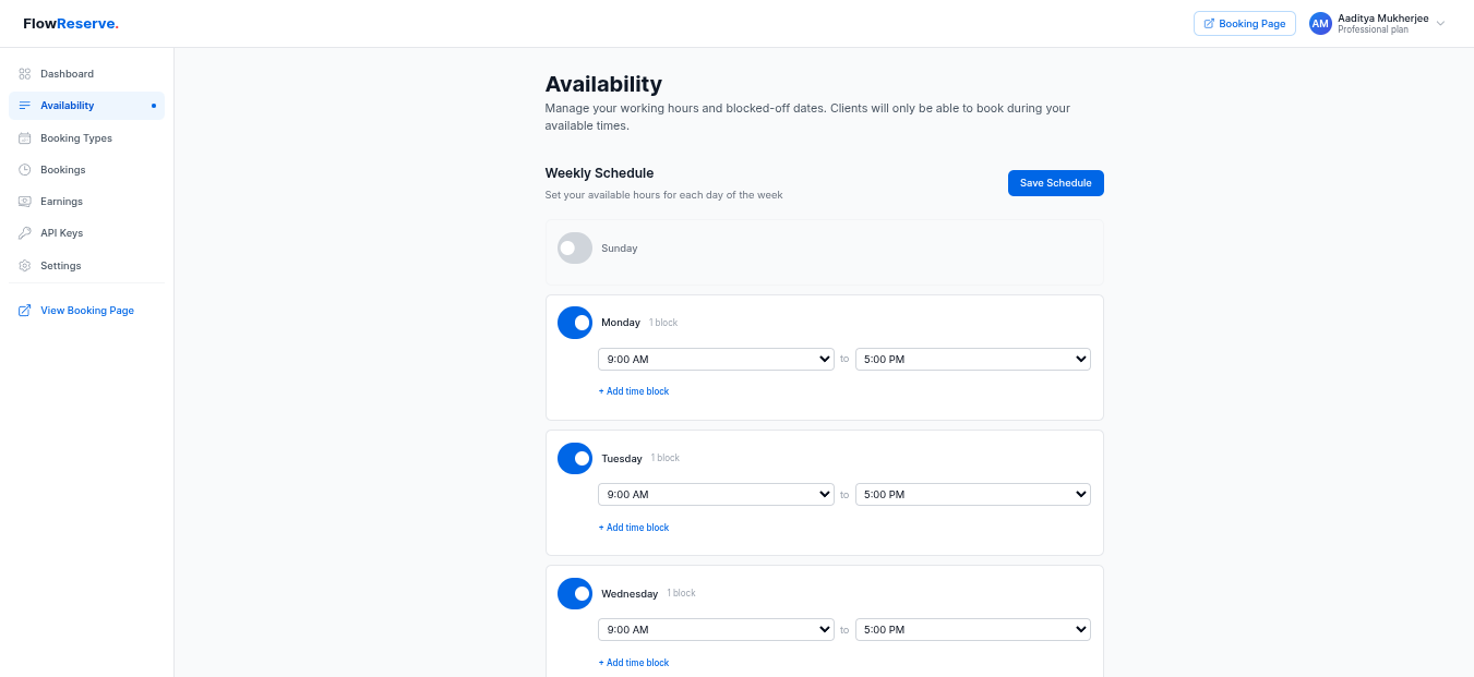 Weekly availability schedule configuration