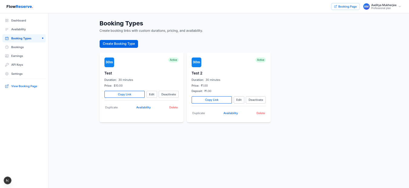 Booking types management with pricing and duration