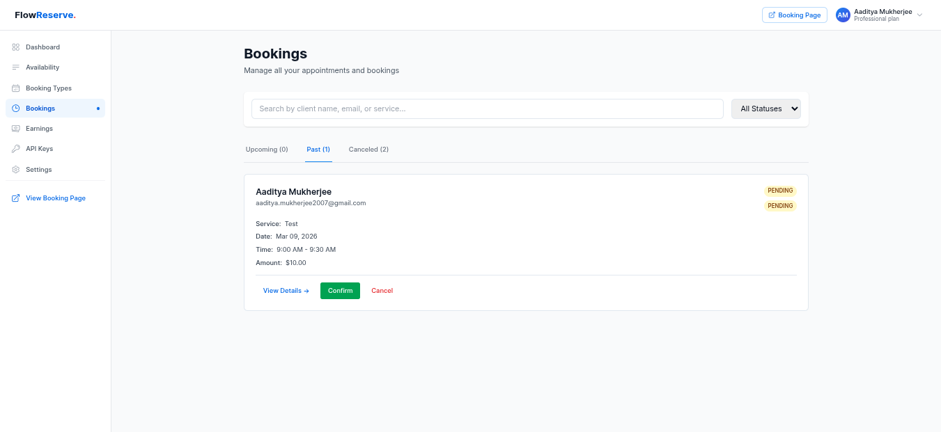 Bookings list with client details and status