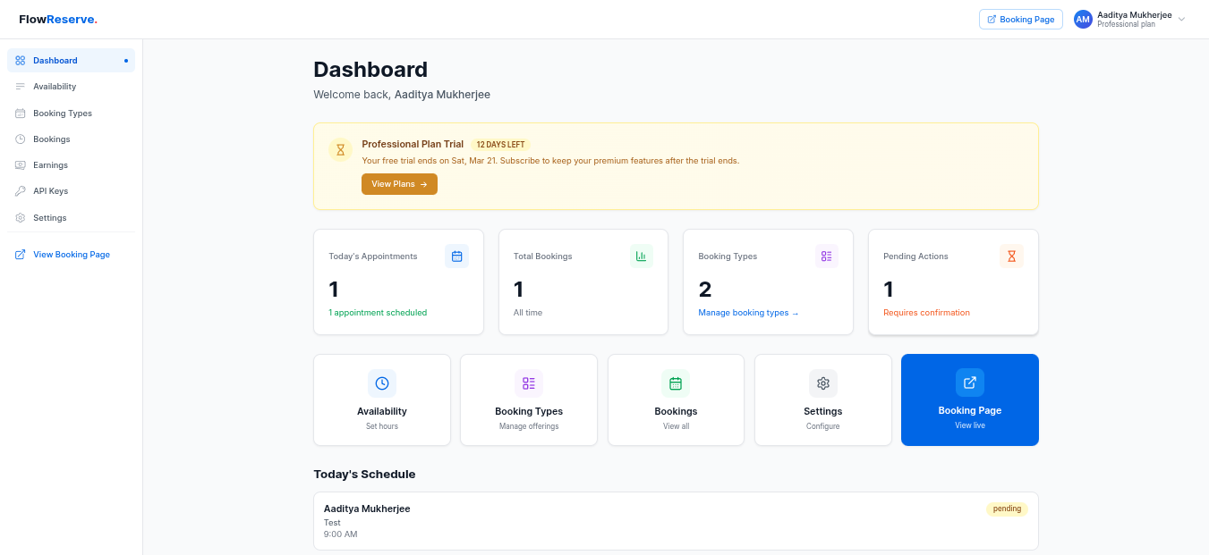 FlowReserve dashboard with stats and quick actions